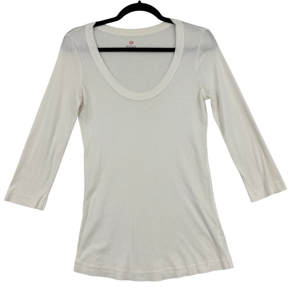 XCVI Womens Tee Shirt Top Size M White Supima Cotton 3/4 Sleeve Wide Scoop Neck